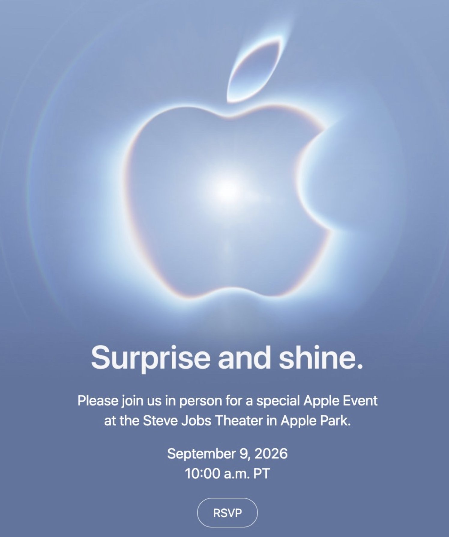 Apples inbjudan till eventet Surprise and shine den 9 september 2026, med ett lysande Apple-märke mot blå bakgrund och information om Steve Jobs Theater, klockan 10.00 lokal tid.