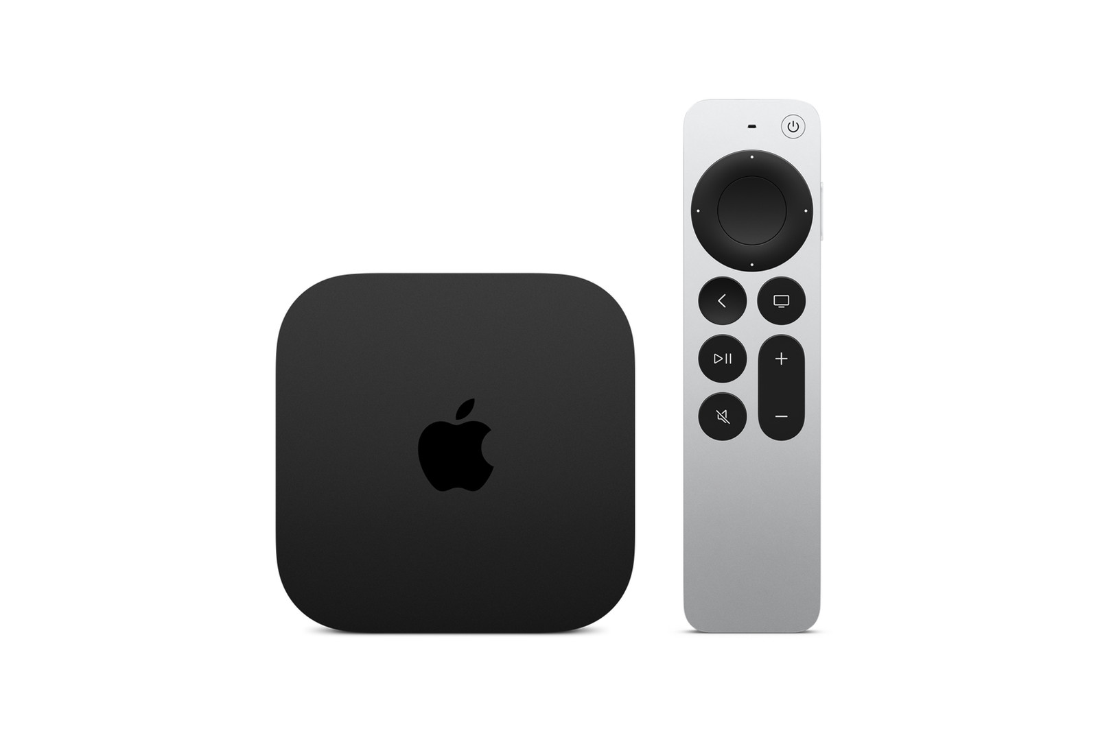 Apple TV 4K i svart bredvid Siri Remote i silver mot vit bakgrund.